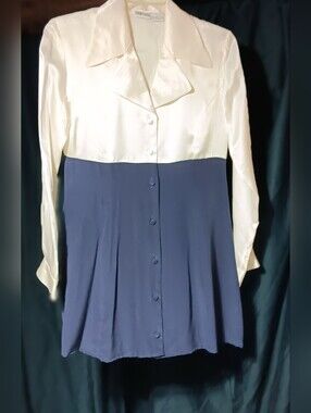 Styleworks Vintage Misses Size 4 100% Silk Colorblock Party Dress White/Navy